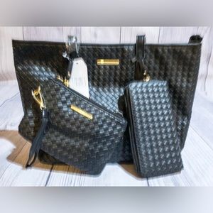 Time and Tru Women's 3-Piece Handbag Set Woven Black